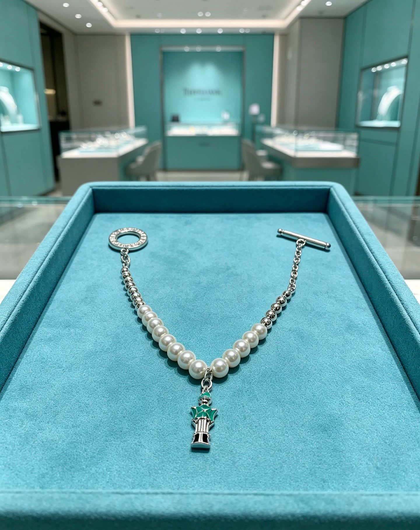 Tiffany & Co. Pearl and Bead Bracelet with Green Enamel Charm